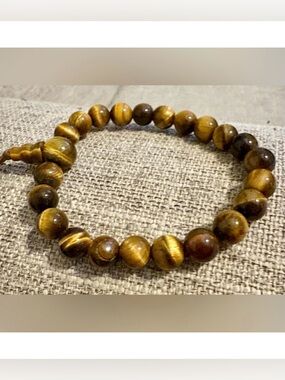 Tiger’s Eye Natural Stone Polished Beaded Bracelet with Elastic Fitting, Unisex